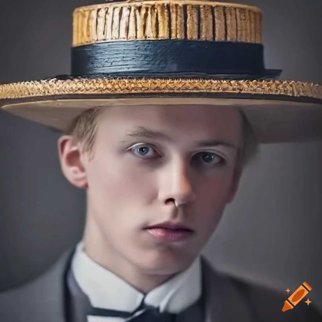 Blond young man from the 1890s in a suit and boater hat