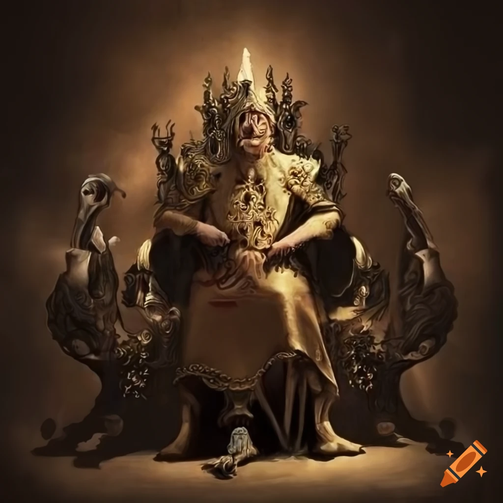 A hauntingly beautiful image of an aged king on a throne