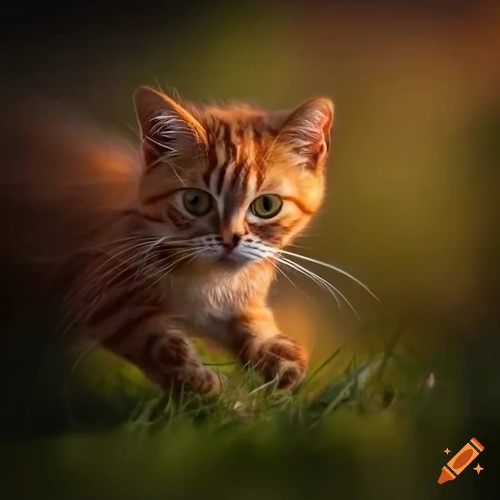 Red kitty hunting a mouse in the meadow