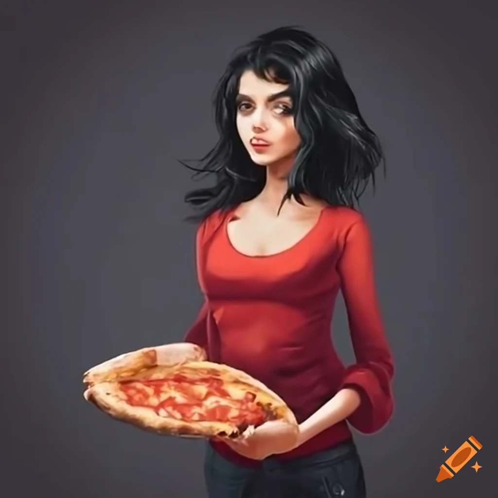 Black-haired woman delivering pizza
