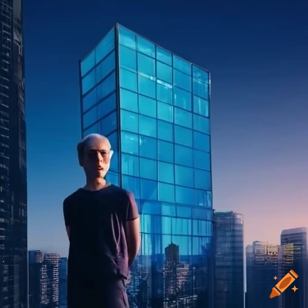 Man standing in front of a modern tall building with blue glass facade ...