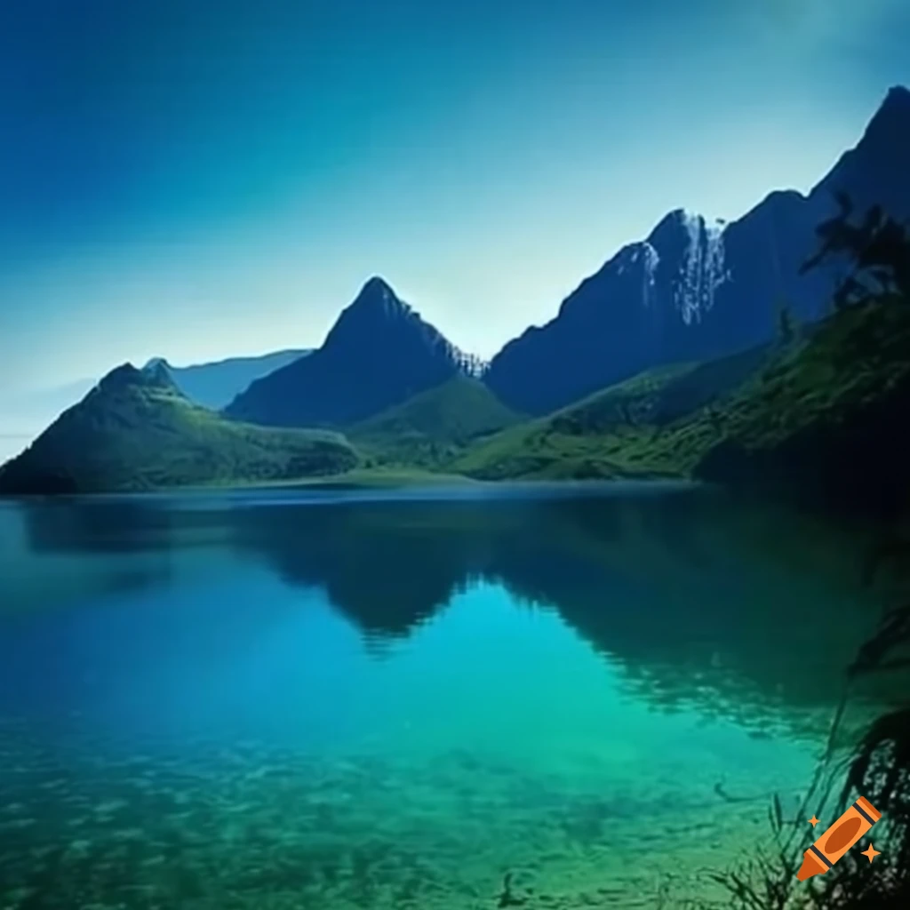Mountain lake reflecting the sky and mountains, calm and still waters