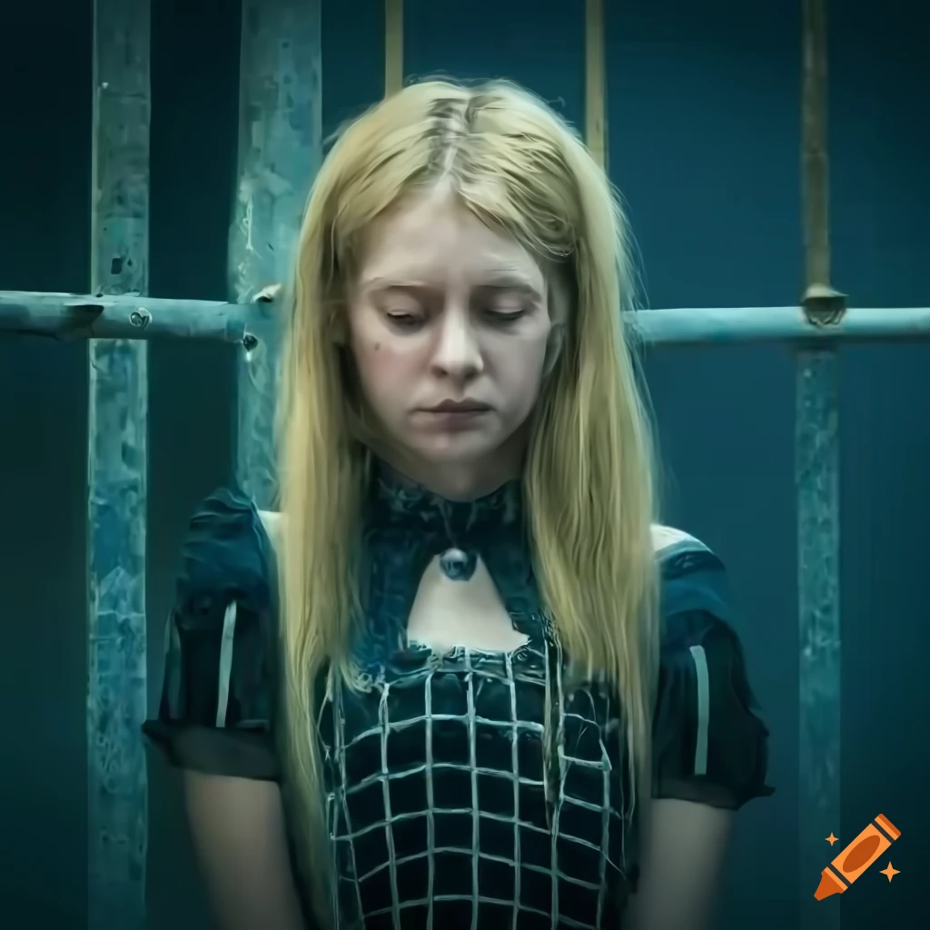 Blonde young woman in gothic attire trapped behind bars with eyes closed