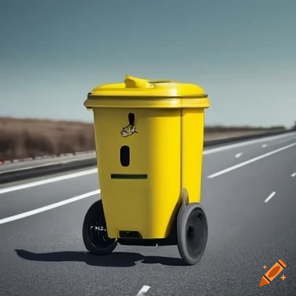 Yellow trash bin with Danish flag on highway