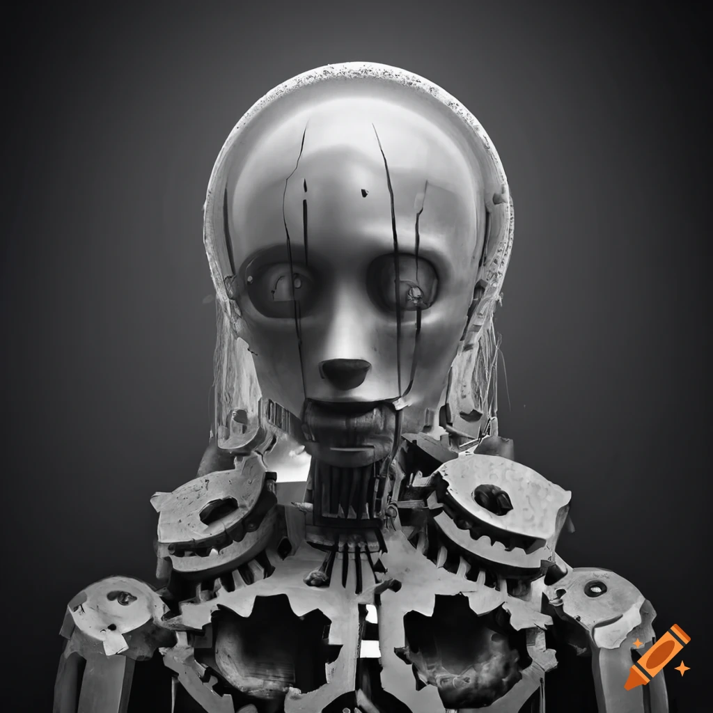 Villainous industrial grayscale sculpture of broken gear