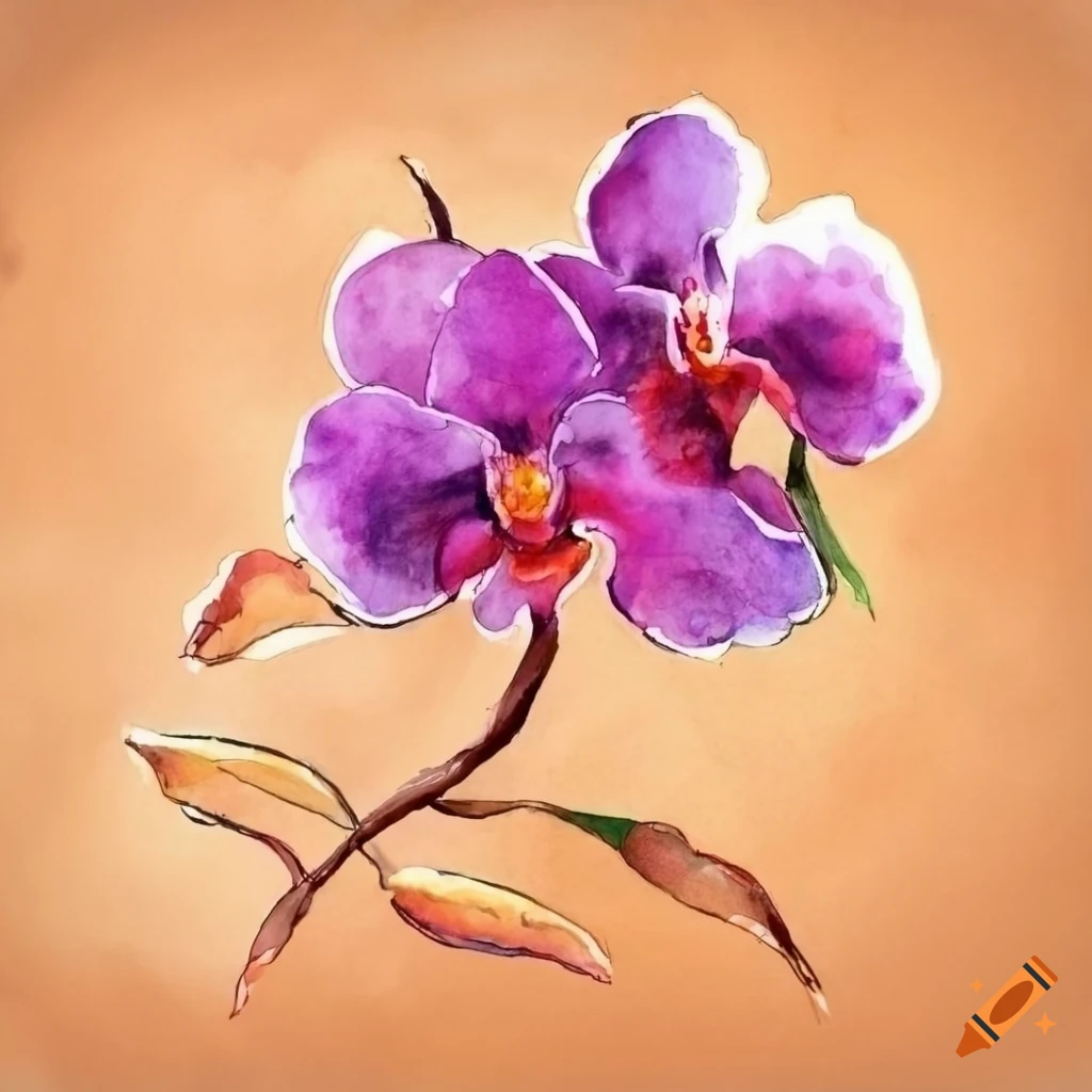 Orchid flower sketch in Gansai aquarelle style
