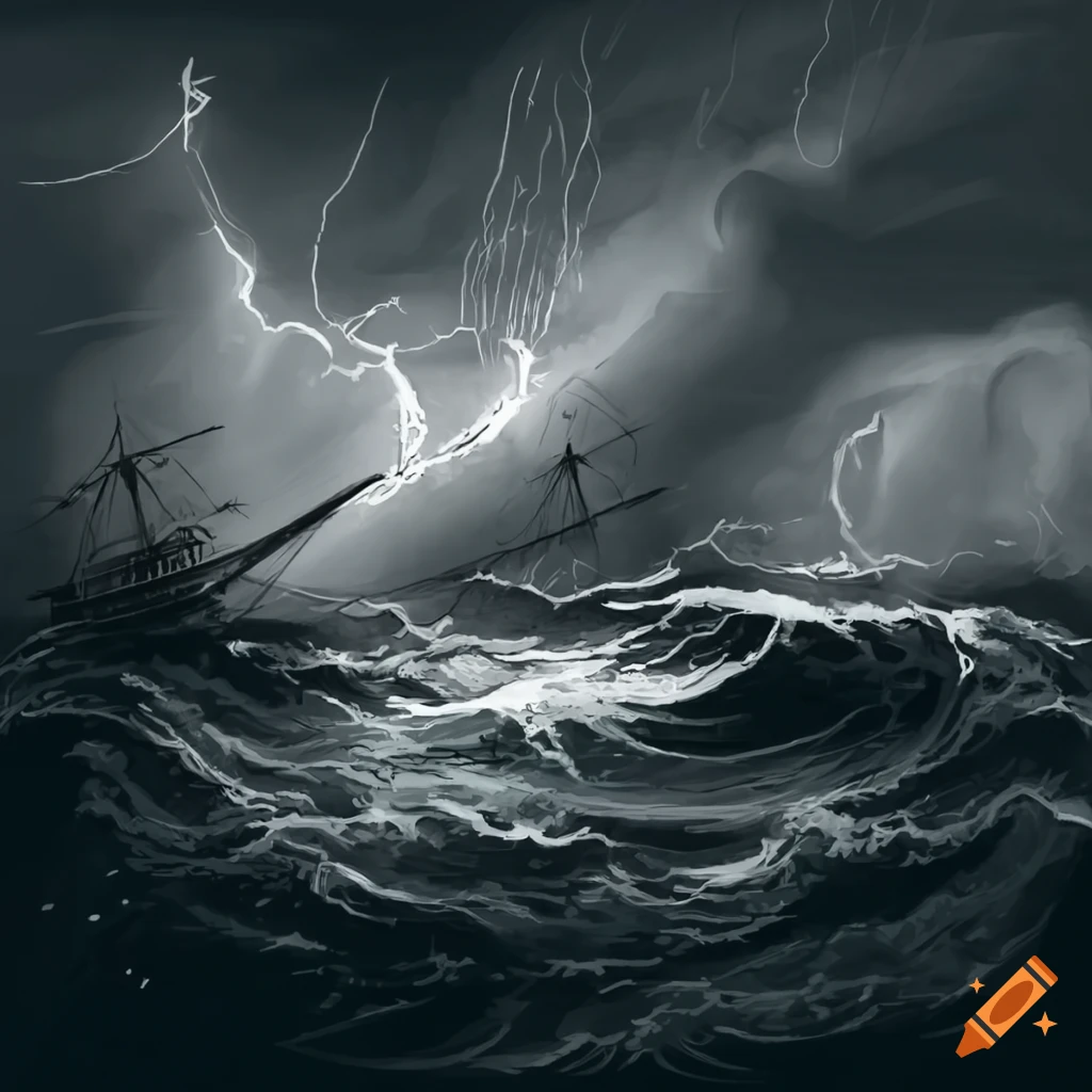 Storm at sea with lightning striking Roman ships in a dramatic scene on ...