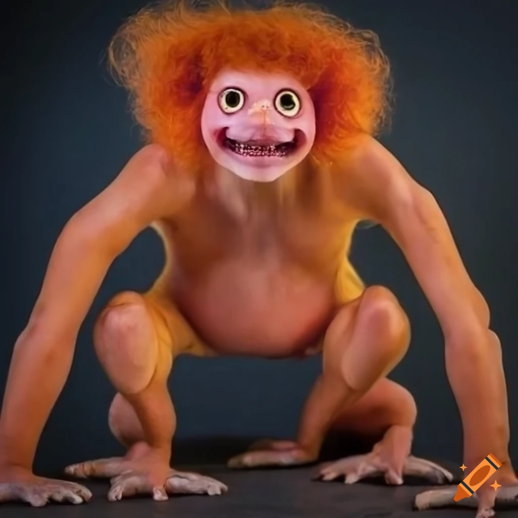 Unique monster creature with curly orange hair, pink skin, 4 eyes, and tusks