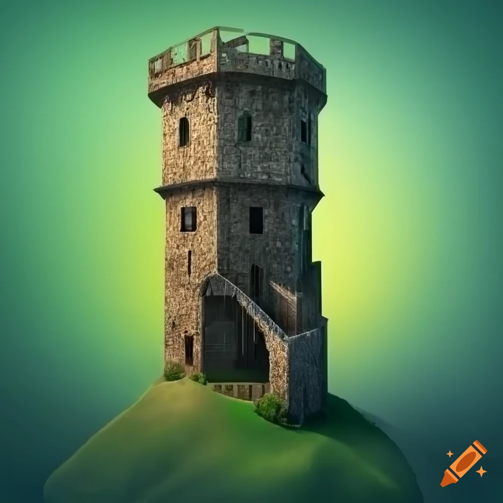 Medieval tower with crenulations and forest background