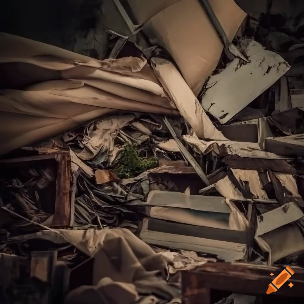 Pile of junk garbage covered with a drapery in a dramatic destroyed landscape