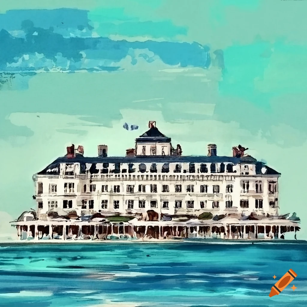 White colonial-style Grand Hotel by the sea in North America