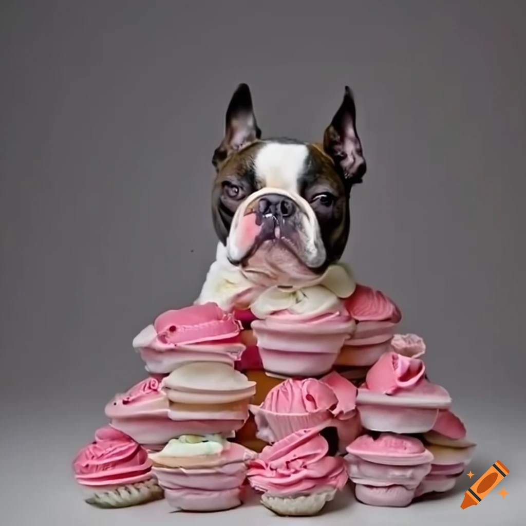 Boston terrier sleeping on pink cupcakes