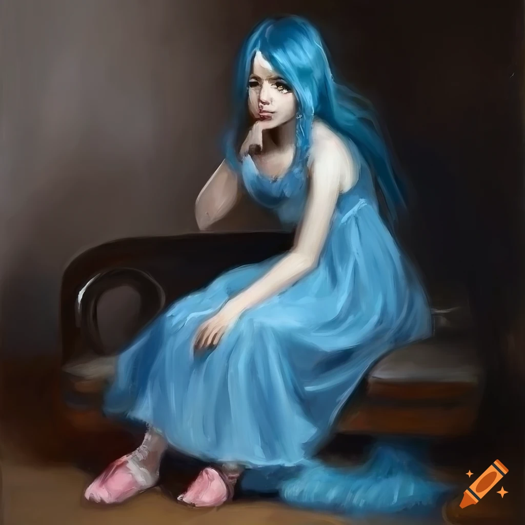 Catgirl with long blue hair in a magical realism portrait by Daniel F. Gerhartz