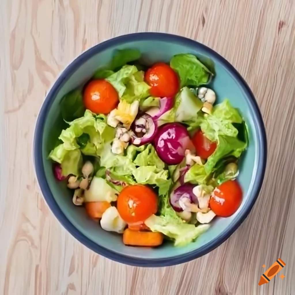 Bowl of bright salad in Ghibli style, top view