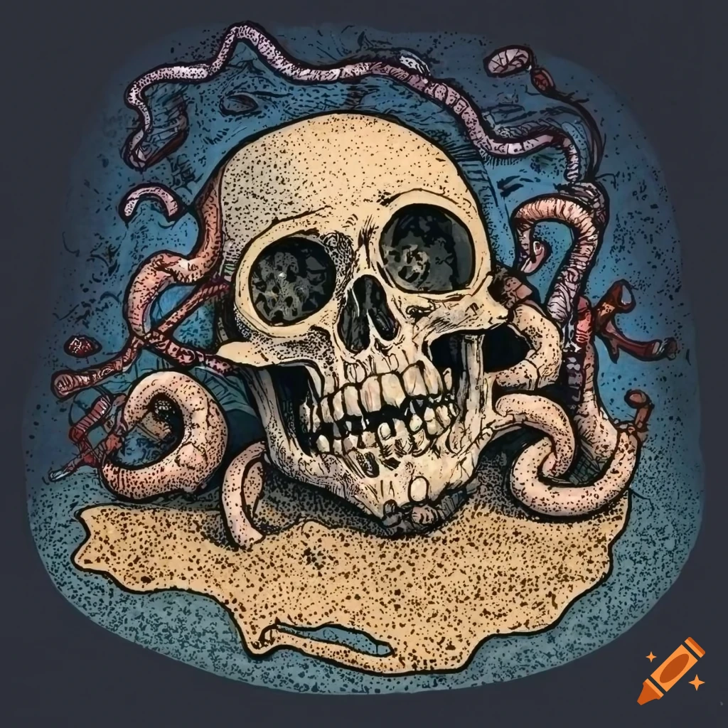 Skull surrounded by tentacles in a sandy setting, in comic book style