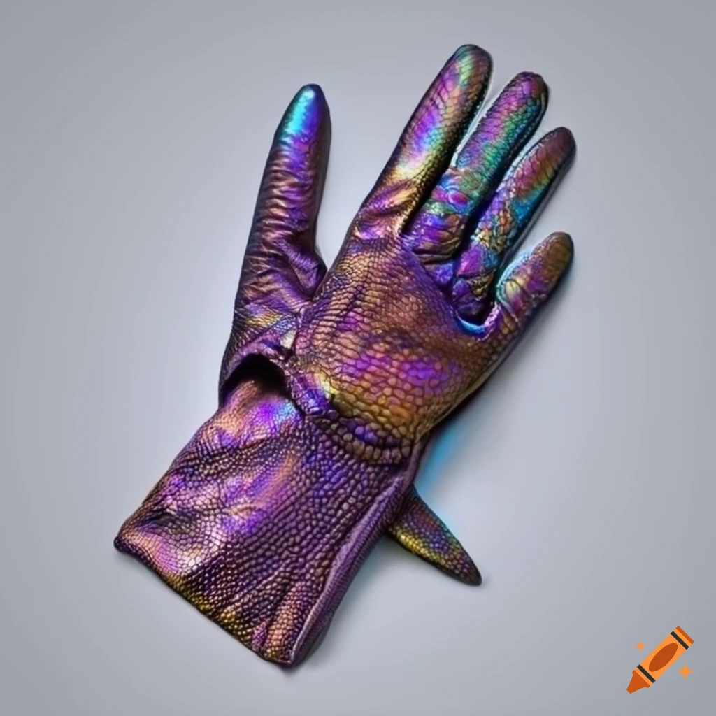 Iridescent lizard leather gloves on white background