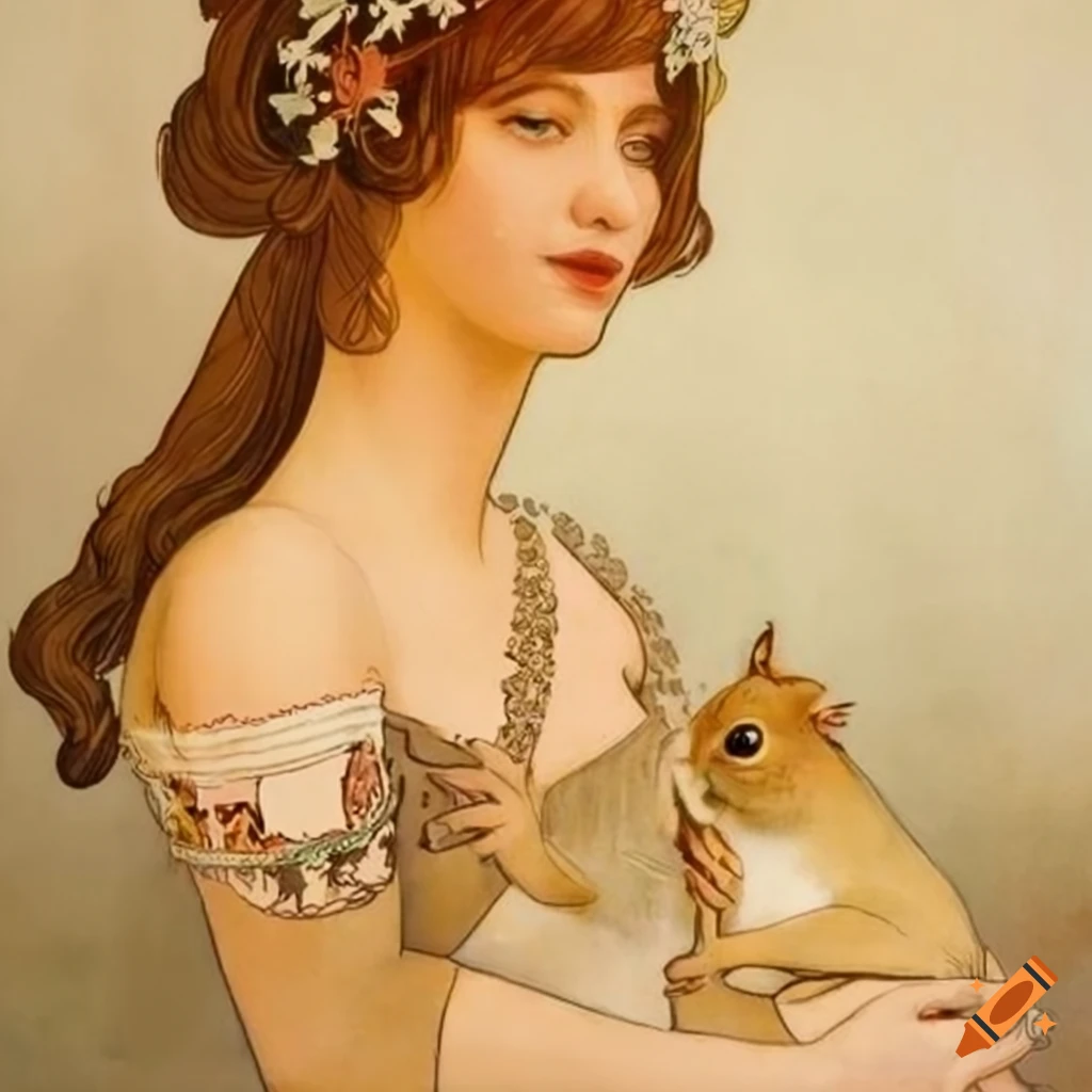 Intricate Mucha painting of a serene woman with a lively squirrel