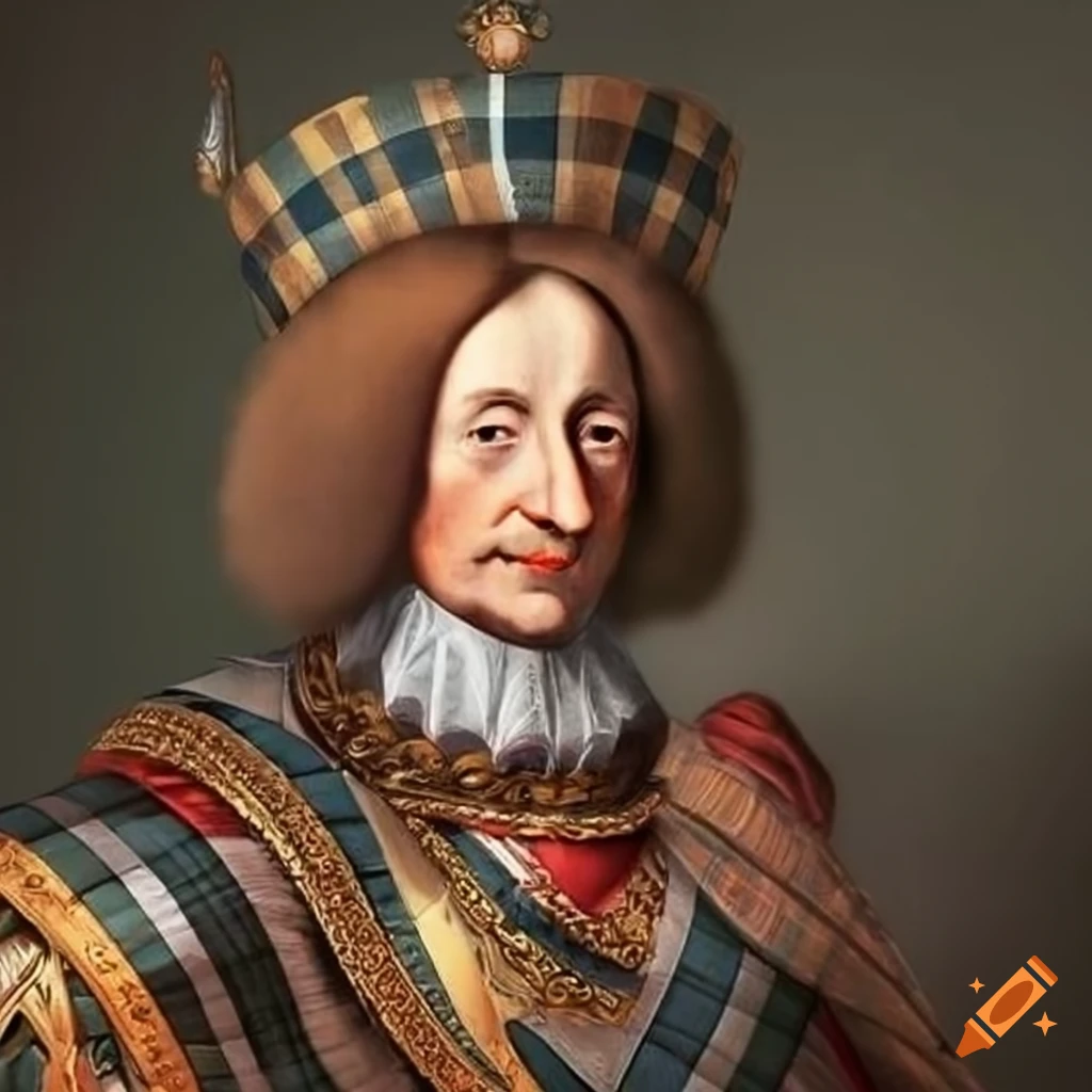 Historically accurate portrait of french king charles vii in patterned tartan attire on Craiyon