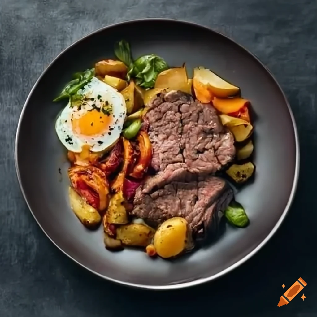 Delicious ground beef steak with fried egg and sautéed potatoes