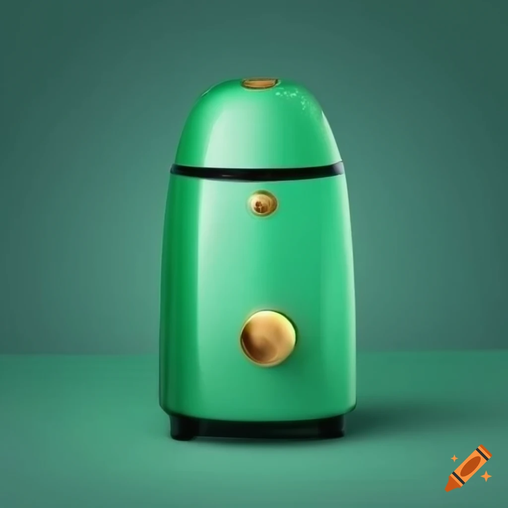 Green moss-colored airfryer resembling a conical volcano with golden buttons and top snow simulation