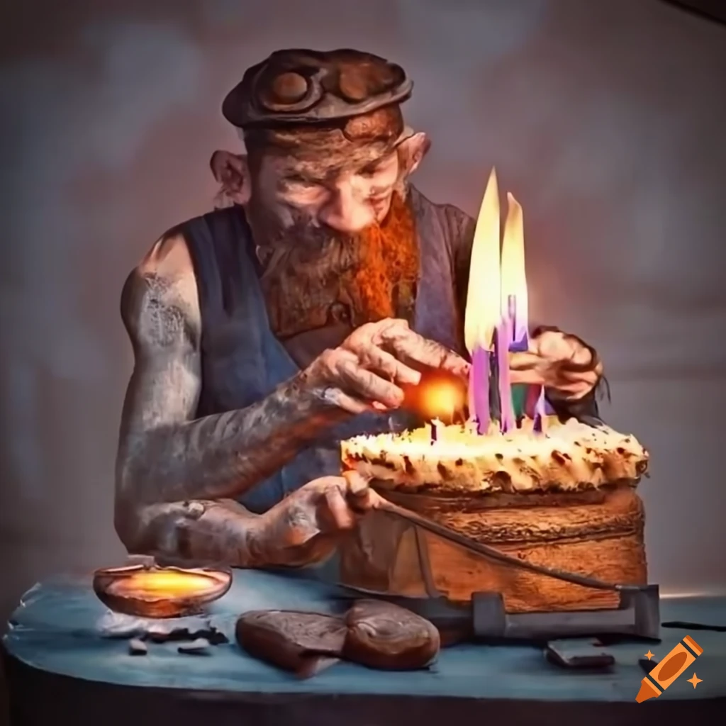 Happy Scottish blacksmith forging a birthday cake