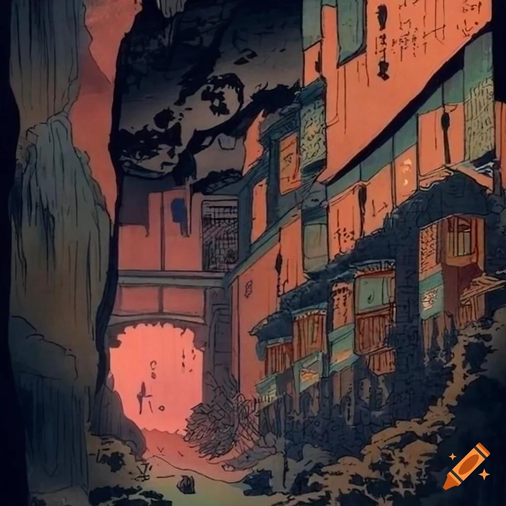 Ukiyoe style ink painting of umbra's refuge, a rough town in a rocky