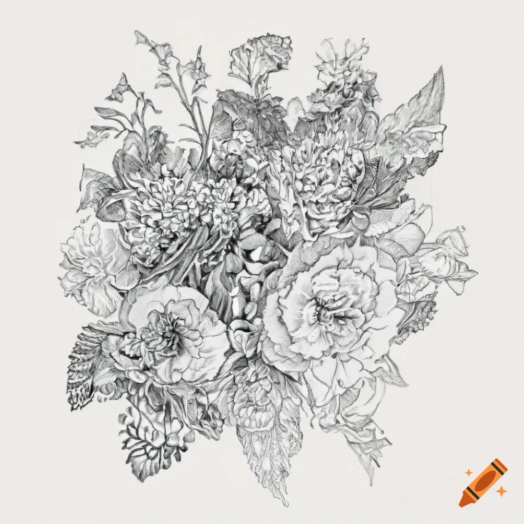 Intricate monochrome bouquet with carnations, holly, and a butterfly