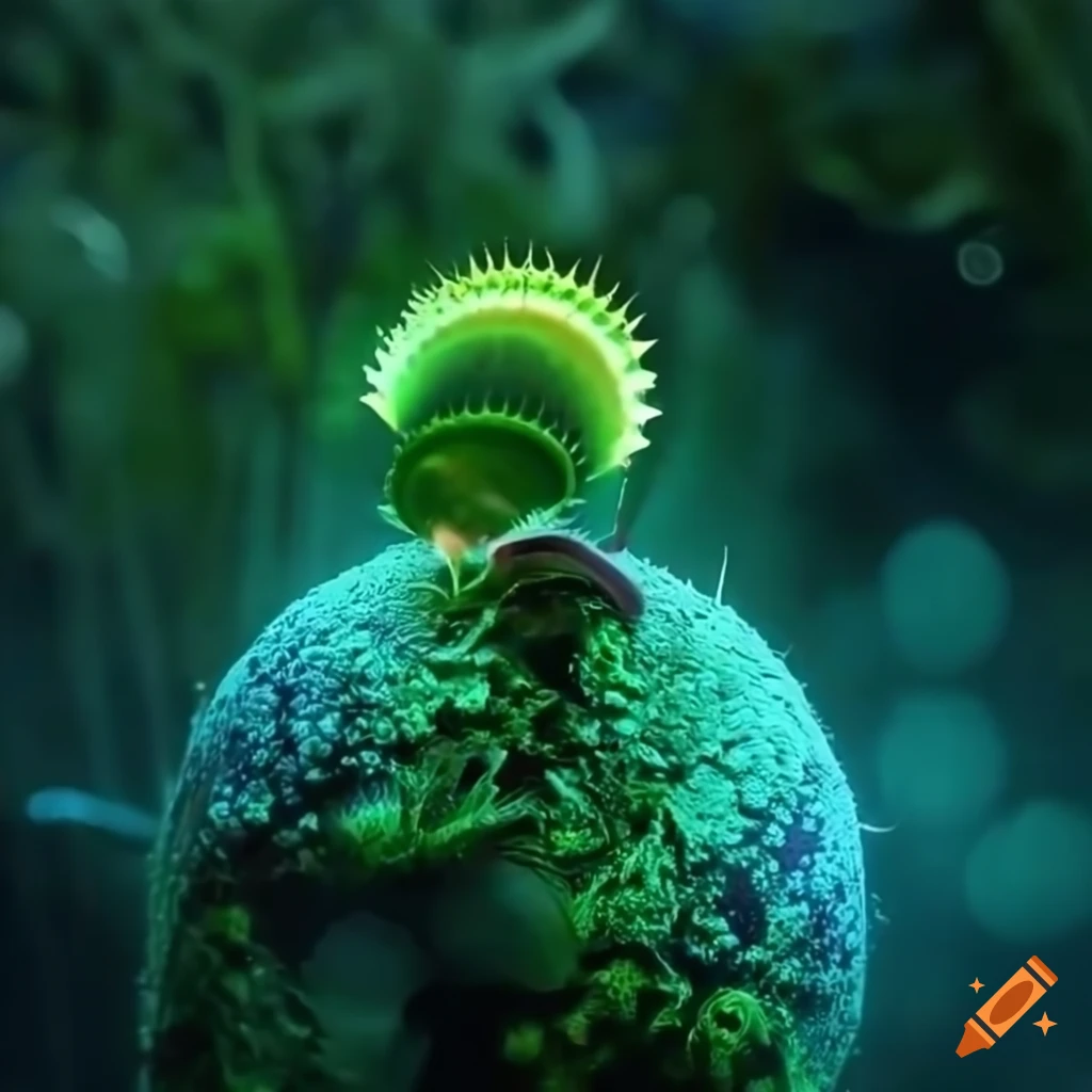 Glowing biopunk Venus flytrap creature in a moss-covered cityscape