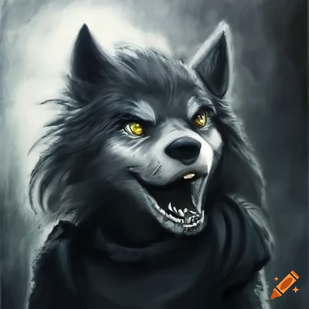 Happy werewolf child in full figure, charcoal drawing in Simon Bisley art style