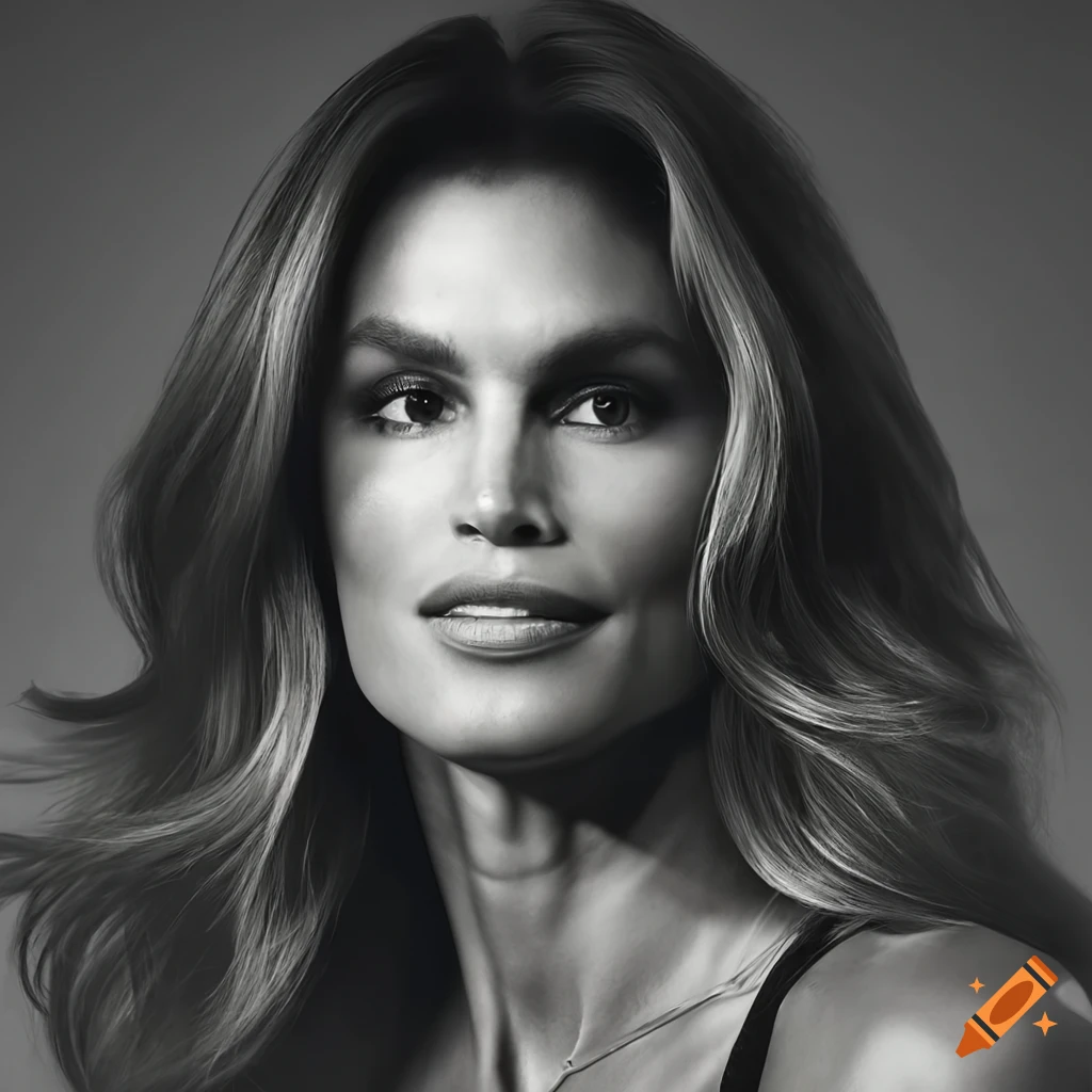Highly detailed illustration of a woman with chiseled facial features and voluminous hair in dramatic lighting