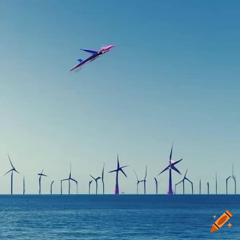 WizzAir plane flying over ocean with windmills