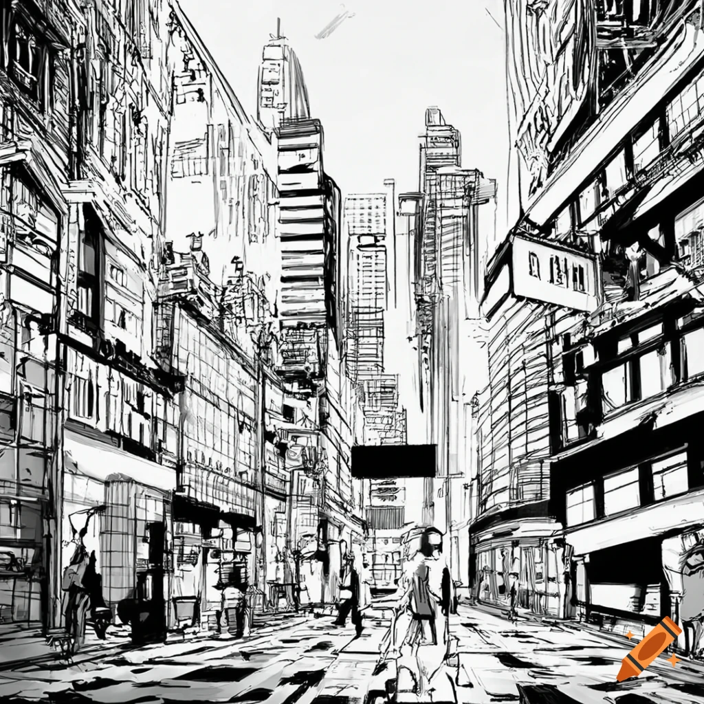 Exciting urban manga scene in black and white on Craiyon