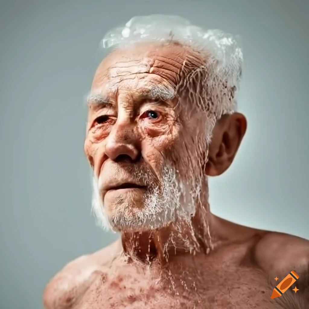 Elderly man with white hair showering standing up