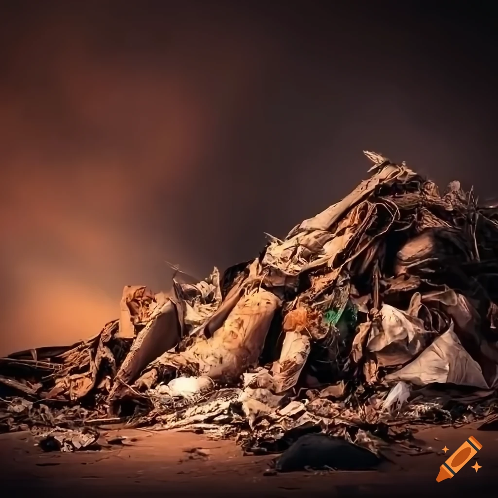 Pile of junk covered with white drapery in a destroyed landscape
