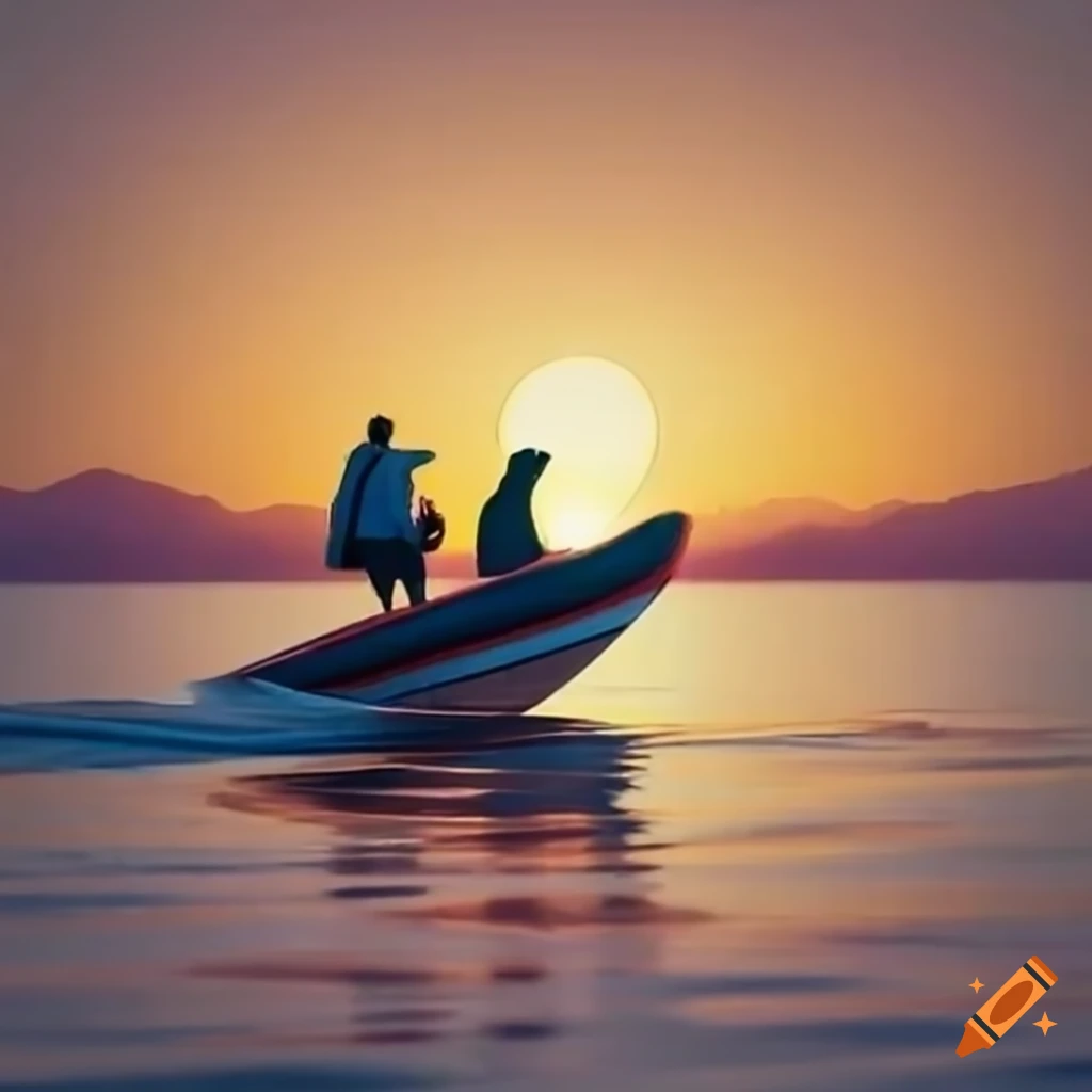 Speedboat with friends and a dog sailing into the sunset