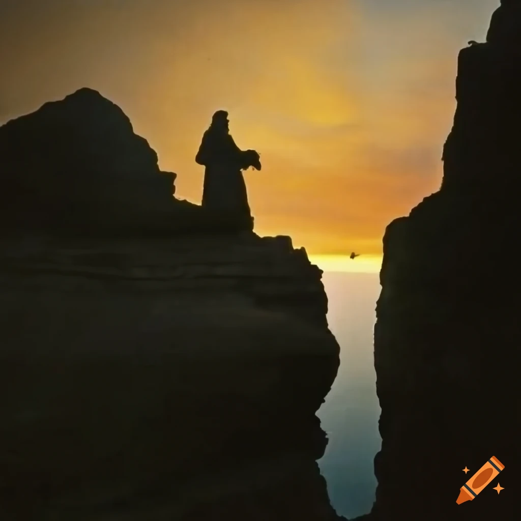 Depiction of Abraham holding his son on a cliff