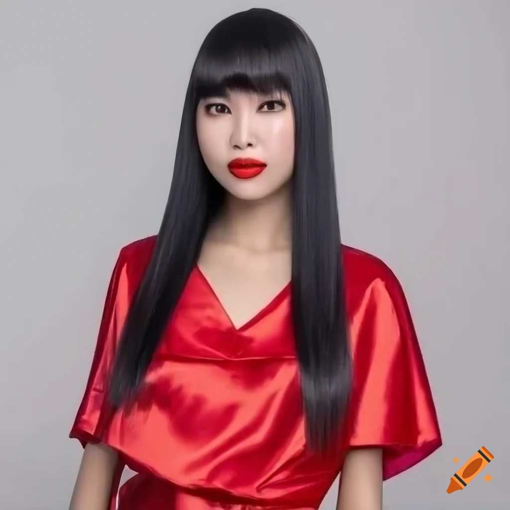 Thai young woman in a red silk cocktail dress against a white background