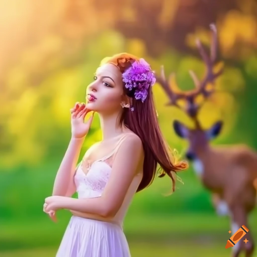 Beautiful girl standing in butterfly garden with golden deer
