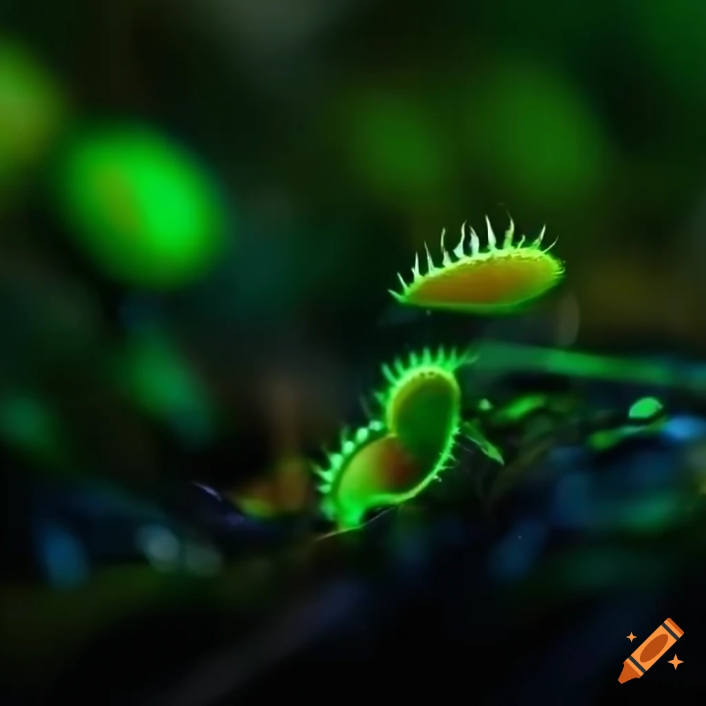 Glowing biopunk Venus flytrap creature in a moss-covered cityscape