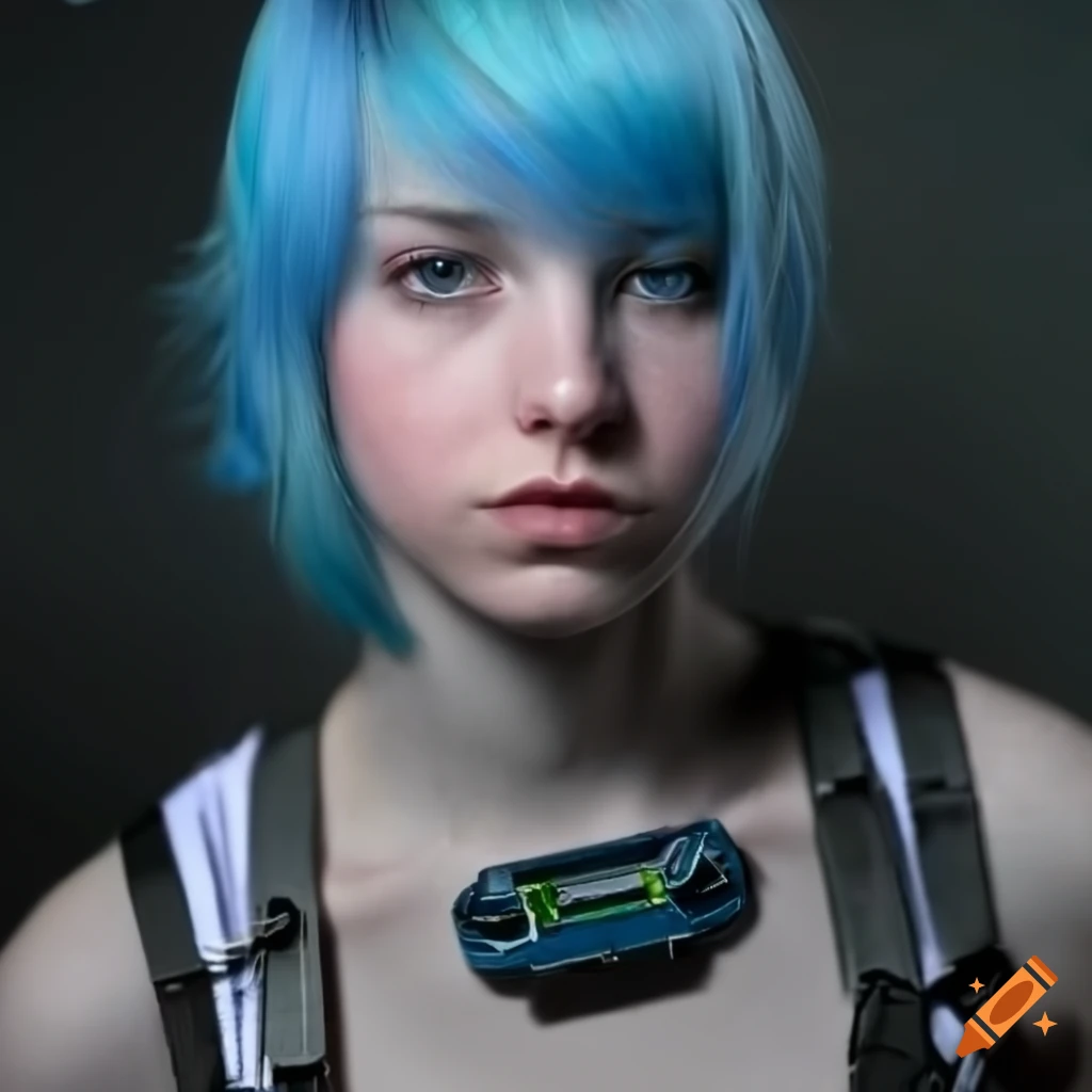 Young female starship pilot with blue hair and cybernetic eye