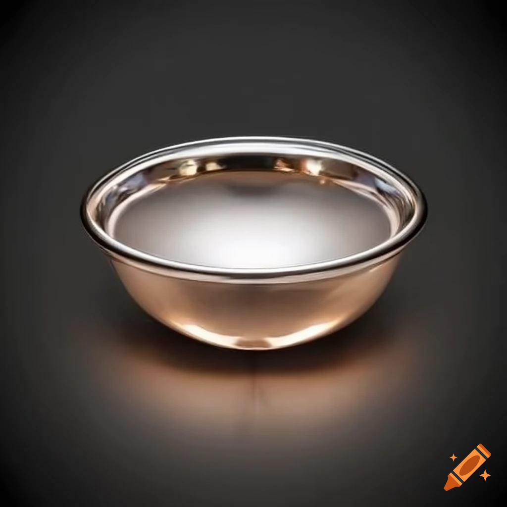 Shallow, smooth, polished silver bowl with a rim