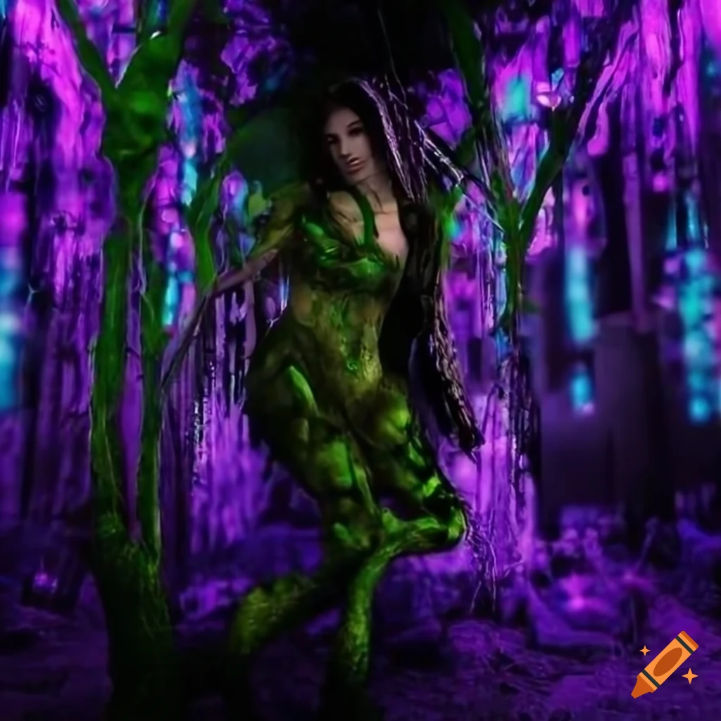 Glowing biopunk cityscape with greenery, crystals, and cyborg goddesses