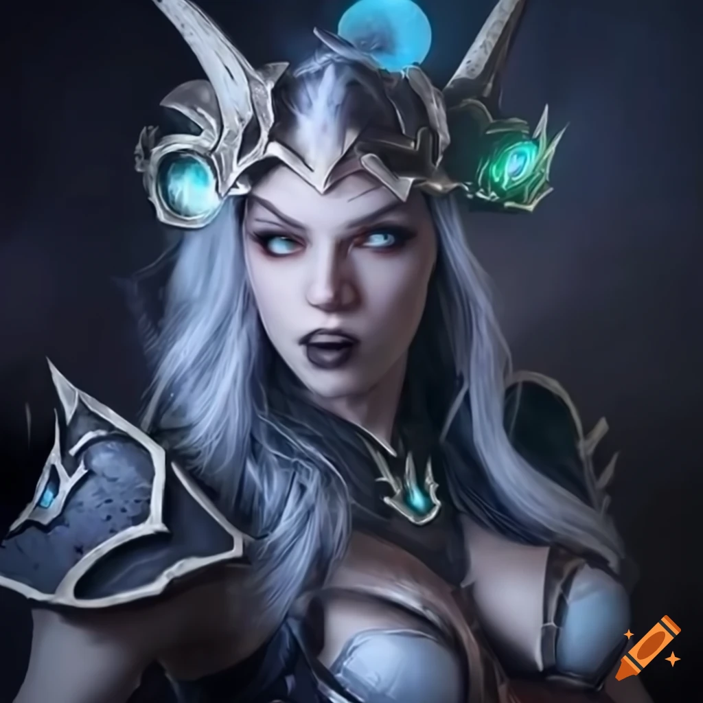 Female death knight with white hair and crescent moon headband in Warcraft
