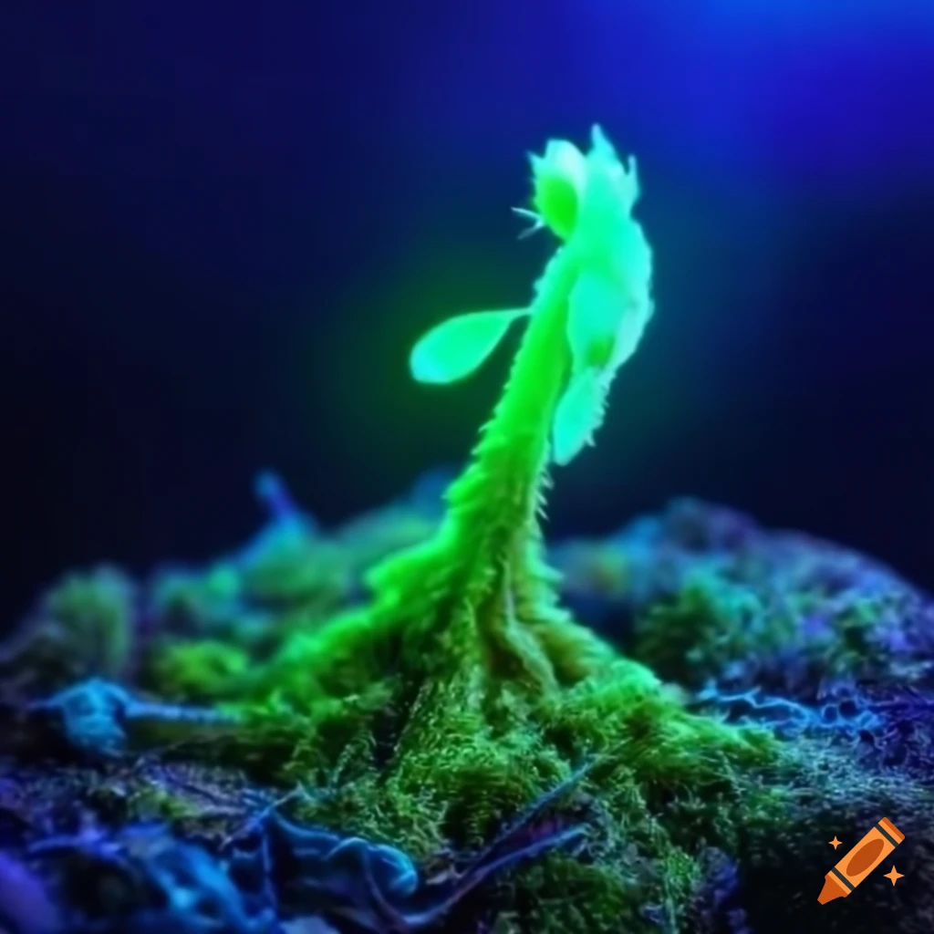 Glowing biopunk Venus flytrap creature in a moss-covered cityscape