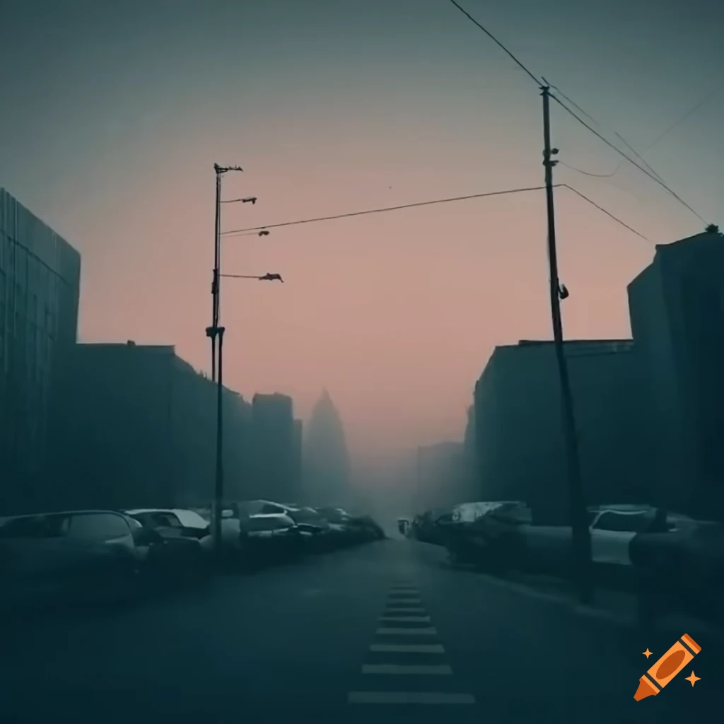 Cityscape of office buildings and parking lots in misty early morning