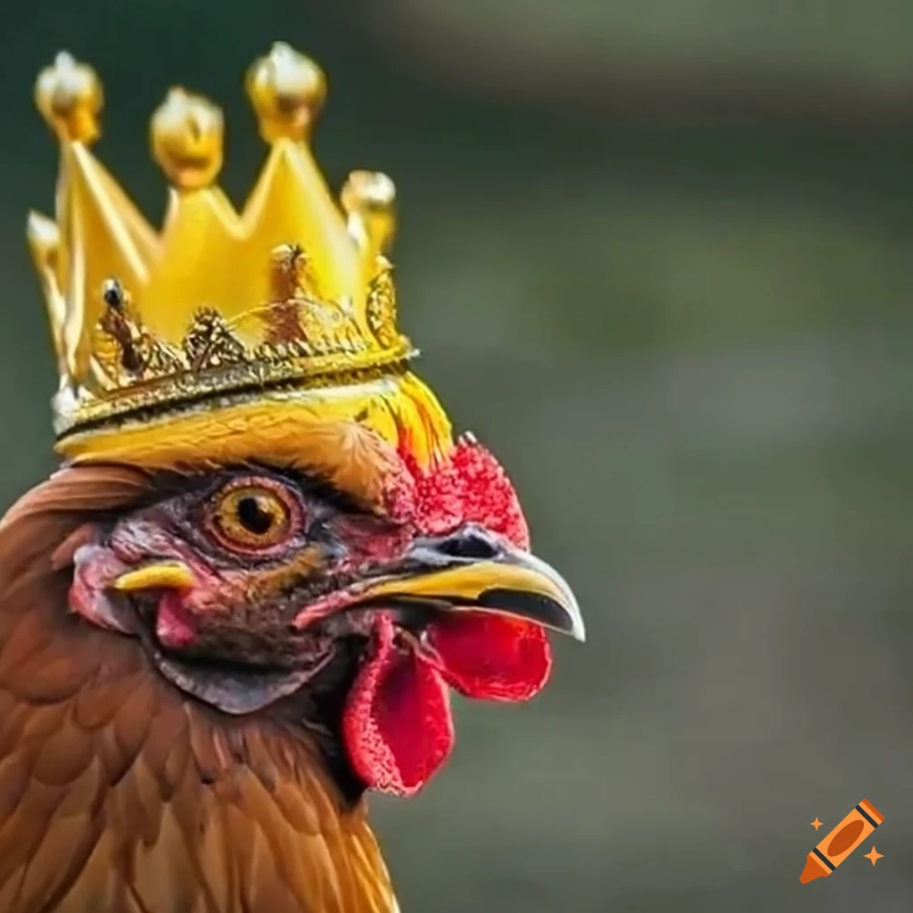 Brown chicken with a crown in front of flames