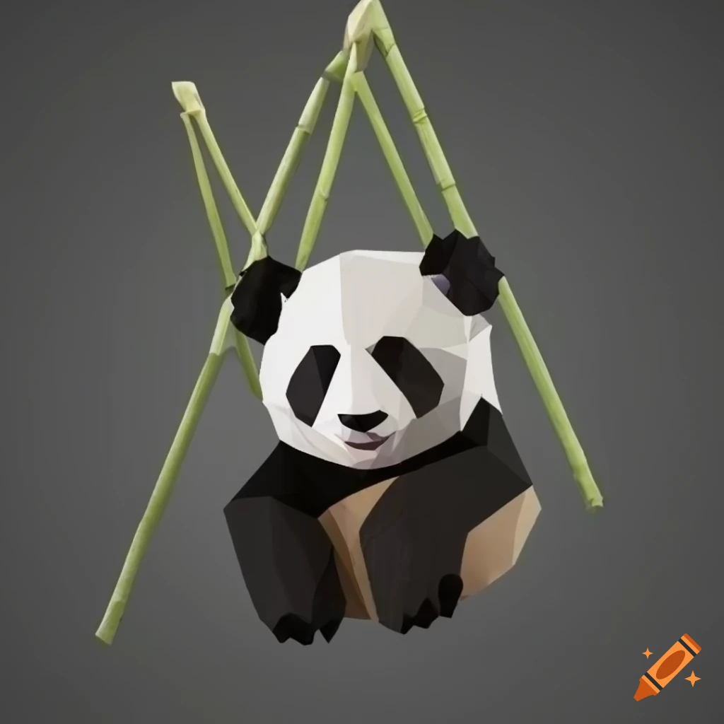 Low poly panda hanging from bamboo