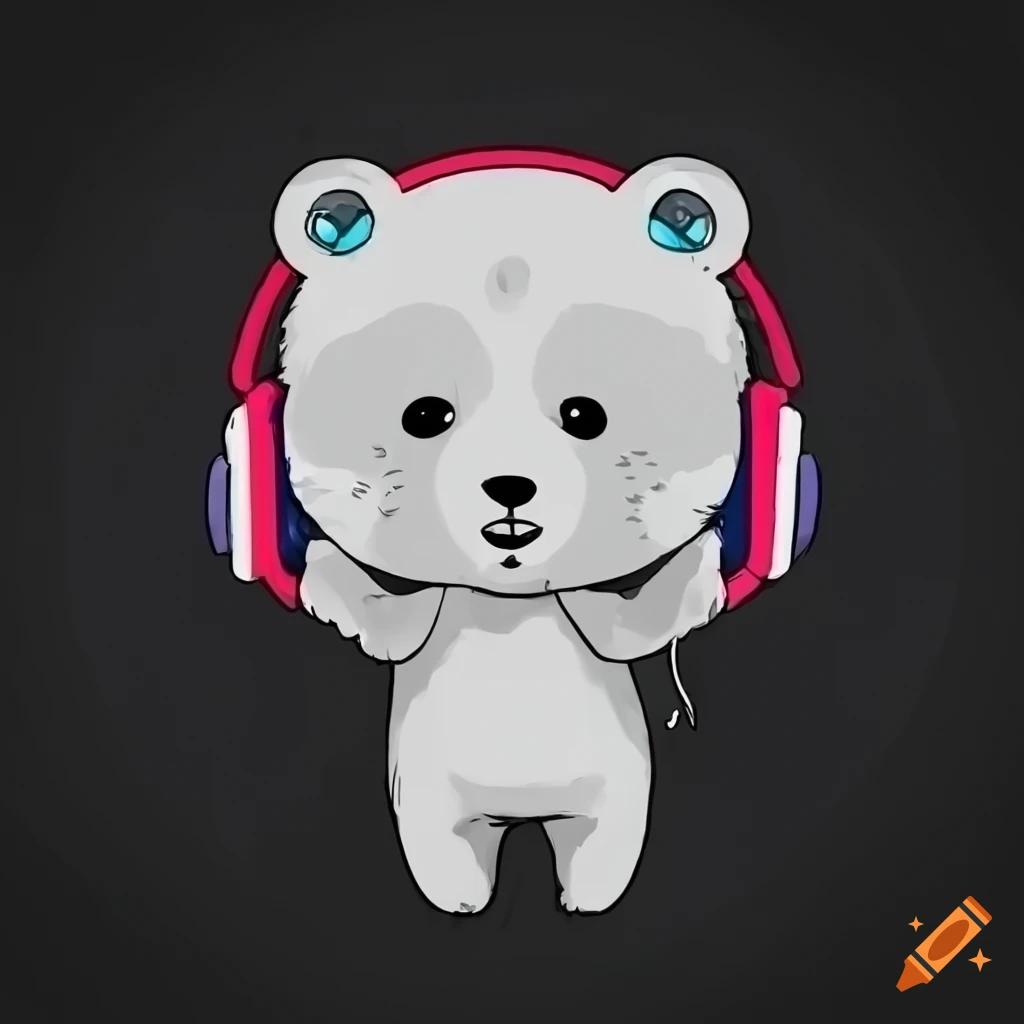 Anime-style portrait of a polar bear with gamer headphones