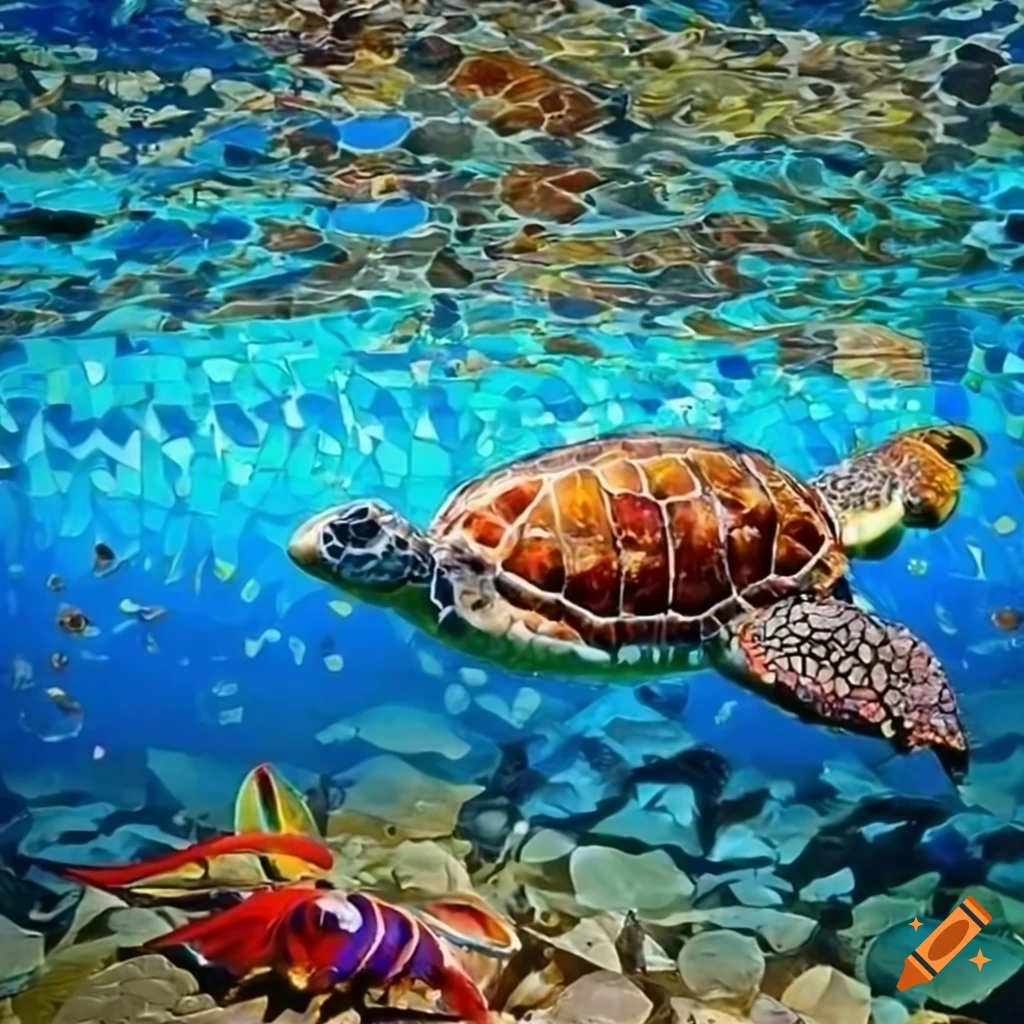 Underwater mosaic art with sea turtle, lobster, and colorful fish