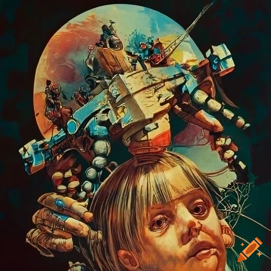 Intricate details of a Stochastic Mech in a vintage poster style on Craiyon